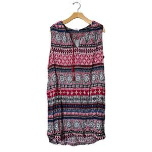BeachLunchLounge XXL Red Blue Multi Print Ruby Summer Tassel V-Neck Tunic Dress